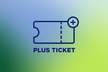 A ticket icon featuring a plus sign and the words “PLUS TICKET” on a blue and green background with a color gradient.