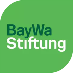 BayWa Foundation logo with text in white and dark green on a pale green background with two rounded corners.