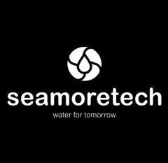 seamoretech logo featuring a stylized water‑drop symbol above the wordmark and the tagline ‘water for tomorrow’ in white lettering on a black background