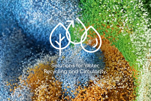 Abstract image with a swirl of colorful particles. In front of it are 3 drop-shaped icons and the text “World's Leading Network for Environmental Technologies”.
