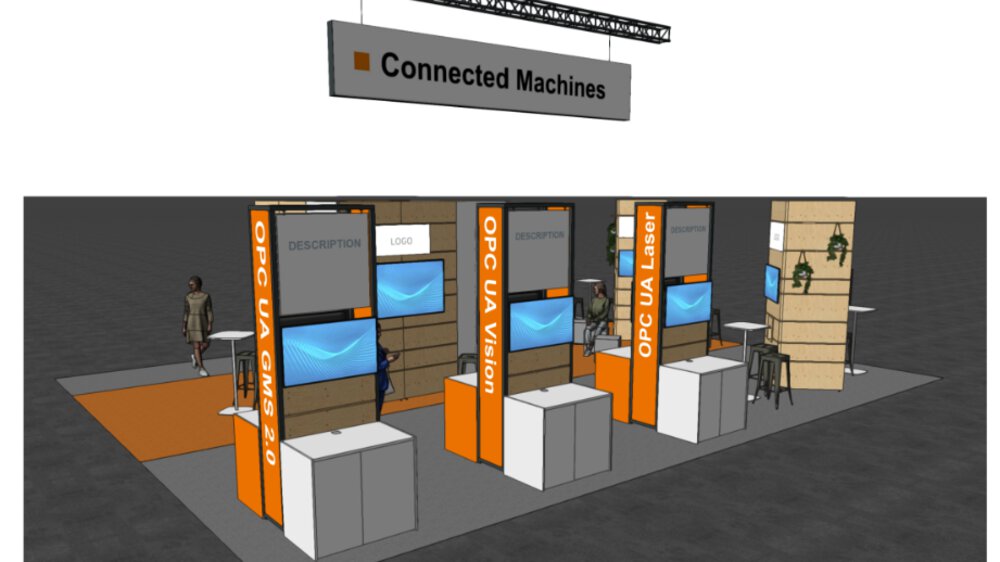 Messestand mit Displays mit der Aufschrift „OPC UA Vision“ und „OPC UA Laser“, unter einem „Connected Machines“-Schild.