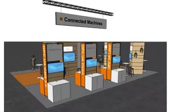 Messestand mit Displays mit der Aufschrift „OPC UA Vision“ und „OPC UA Laser“, unter einem „Connected Machines“-Schild.