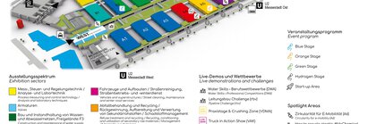 3D hall plan of IFAT Munich 2024 with colorfully colored halls and areas with respective legend.