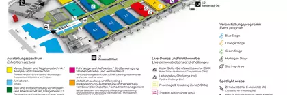 3D hall plan of IFAT Munich 2024 with colorfully colored halls and areas with respective legend.