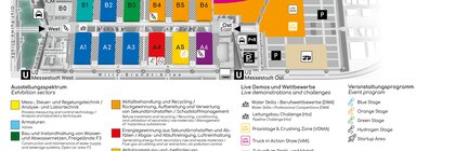 3D Hallenplan der IFAT Munich 2024 mit bunt eingefärbten Hallen und Bereichen mit jeweiliger Legende.