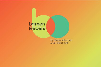 Warmer Farbverlaufshintergrund mit dem Logo bgreen-leaders, bestehend aus überlappenden gelben und türkisen Kreisen. Untertitelt mit 