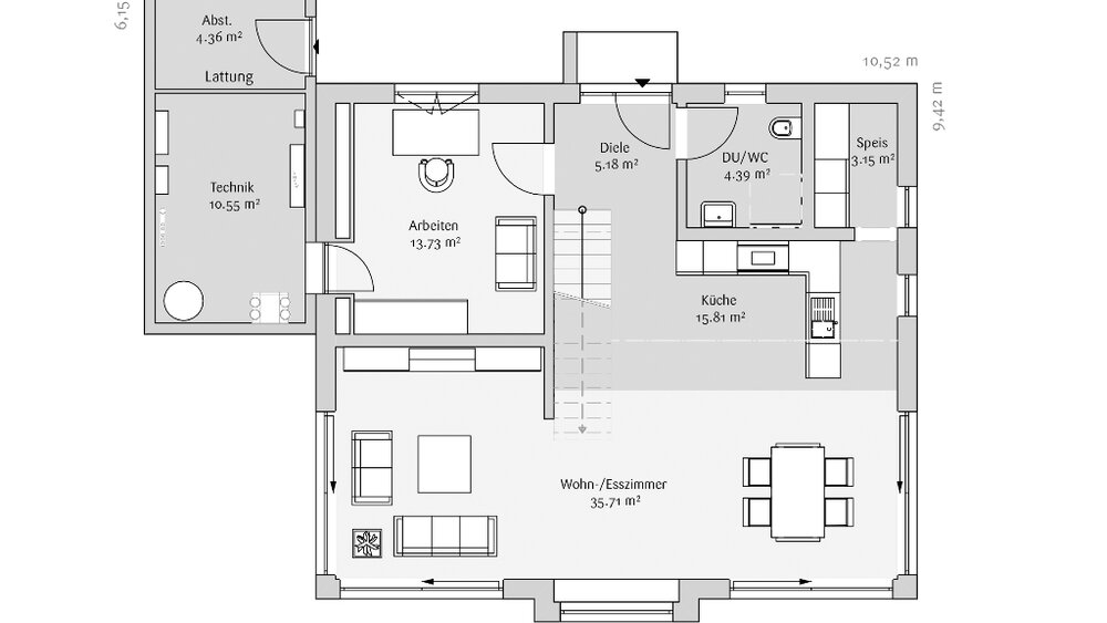 Grundriss mit Wohnzimmer, Küche, Essbereich, zwei Schlafzimmern, Badezimmer und Hauswirtschaftsräumen.