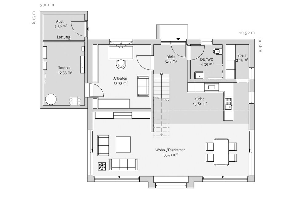 Grundriss mit Wohnzimmer, Küche, Essbereich, zwei Schlafzimmern, Badezimmer und Hauswirtschaftsräumen.