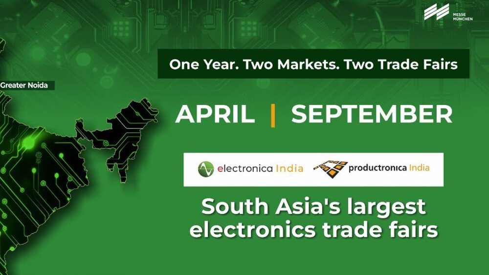 Map of India highlighting Greater Noida and Bengaluru, where South Asia's largest electronics trade shows take place.