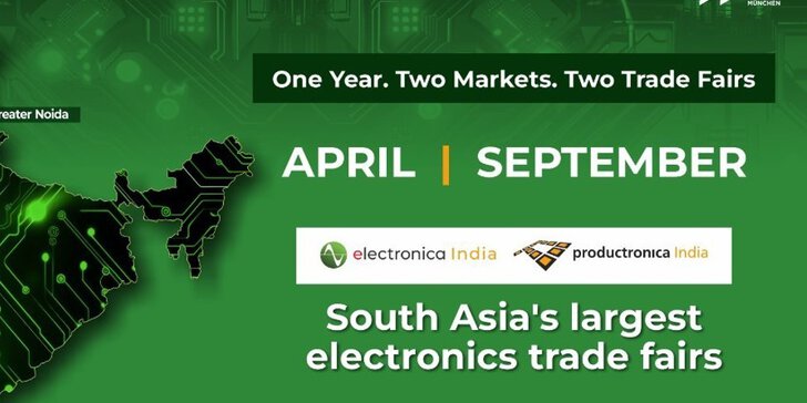 Map of India highlighting Greater Noida and Bengaluru, where South Asia's largest electronics trade shows take place.