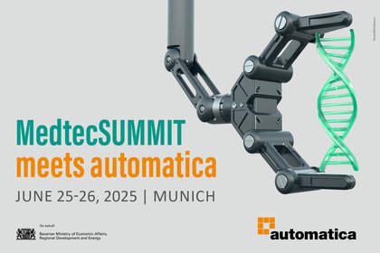 Event poster for MedtecSUMMIT 2025 with health symbols and data, 25–26 June, organized by Bayern Innovativ.