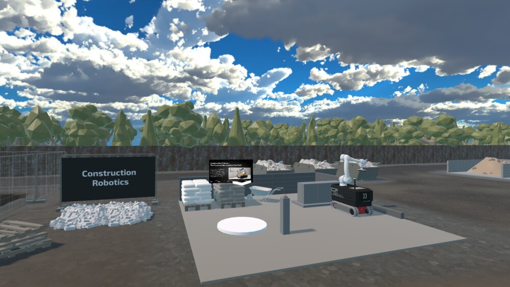 Virtuell gestalteter Messestand zur Baurobotik mit Präsentationsflächen in der digitalen bauma Messeumgebung.