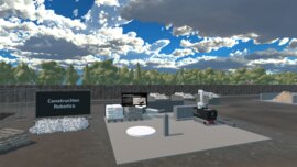 Virtuell gestalteter Messestand zur Baurobotik mit Präsentationsflächen in der digitalen bauma Messeumgebung.