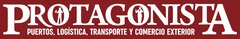 The PROTAGONISTA logo in white lettering on a red background with the addition of “PUERTOS, LOGÍSTICA, TRANSPORTE Y COMERCIO EXTERIOR”.