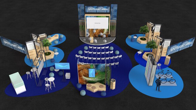 3D-Visualisierung der IFAT Spotlight Area Wasserstoff: Messefläche mit Bühne, Besucherbestuhlung, interaktiven Exponaten und nachhaltigen Gestaltungselementen