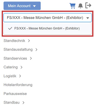 Ein Navigationsmenü in deutscher Sprache. Ganz oben ist ein rot umrandetes Drop-down-Menü, in dem „FS/XXX – Messe München GmbH – (Exhibitor) steht.
