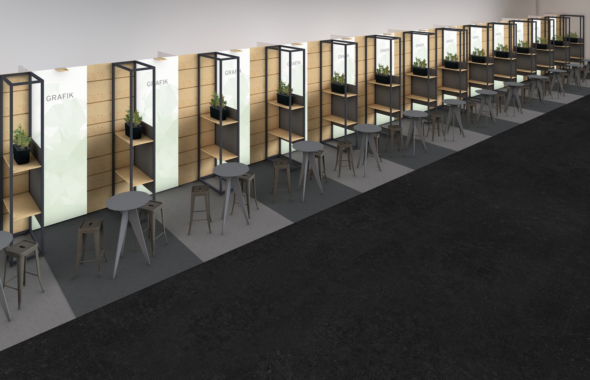 3D-Darstellung von mehreren identischen Messeständen nebeneinander, alle mit modifizierbarer Rückwand, Regal, Tisch und Hockern.