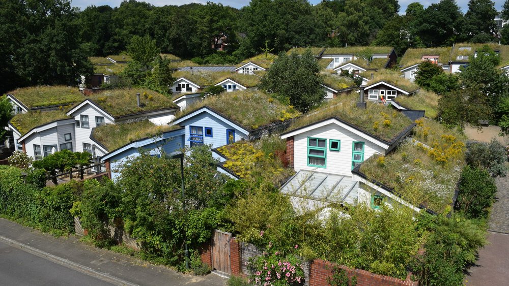  Green roofs and facades of various residential and building complexes, surrounded by lush vegetation and urban greenery, as examples of sustainable architecture and nature-oriented urban design.