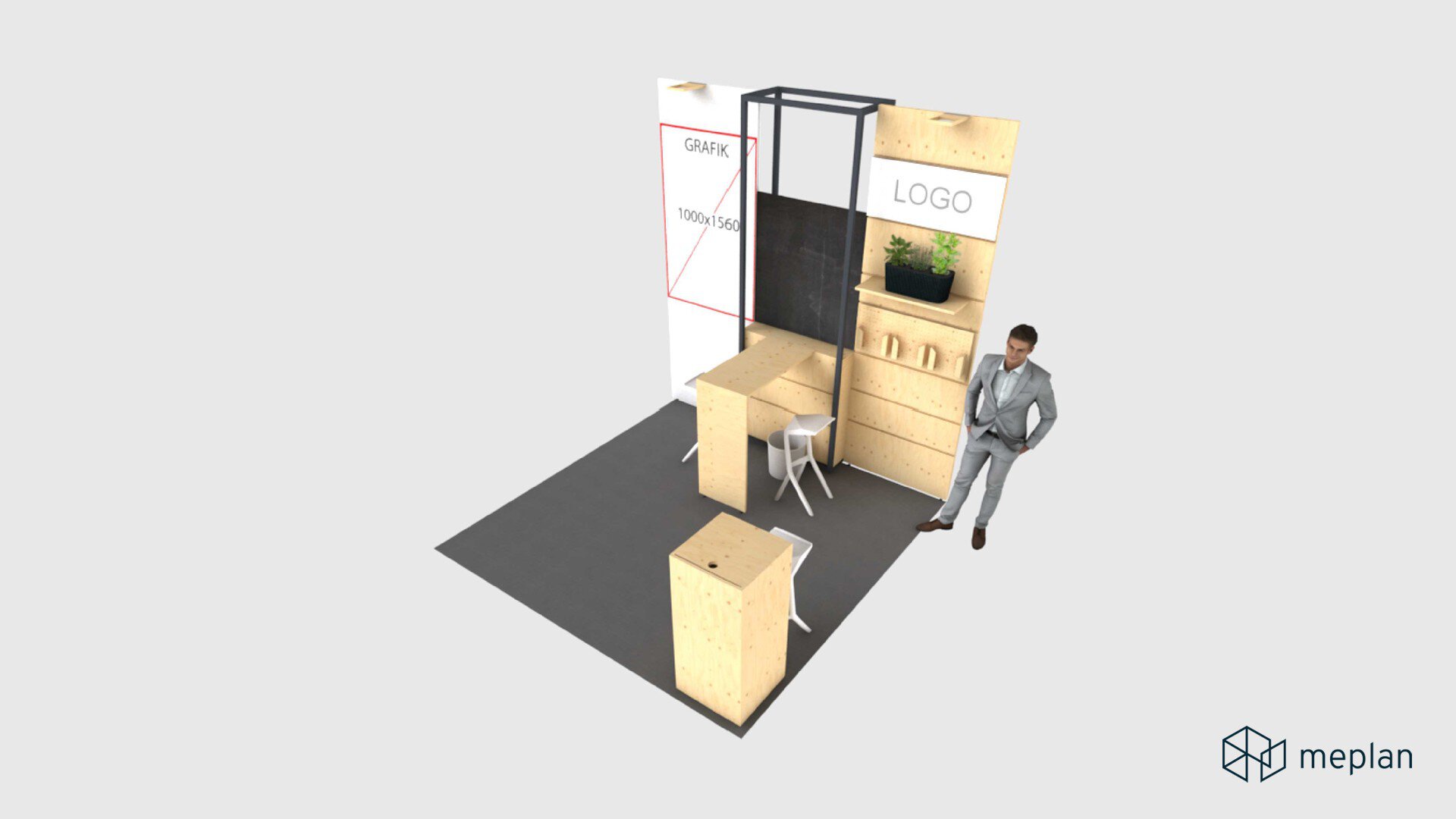Gerenderter Messestand mit Holzmöbeln, einer Pflanze und einer Person im Anzug. An der Rückwand ist Platz für ein Logo und ein Plakat vorgesehen.