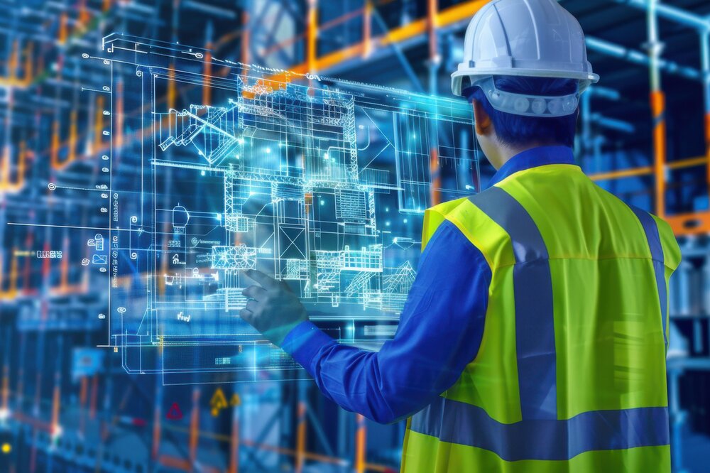 An engineer wearing a safety helmet and high-visibility vest reviews a transparent digital blueprint or holographic interface with technical drawings and diagrams inside a modern industrial facility.