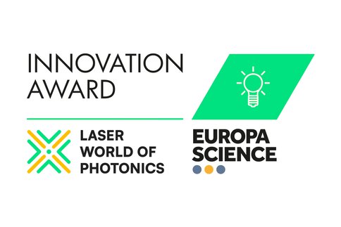 Logo für den Innovation Award von Laser World of Photonics und Europa Science, mit dem Icon einer Glühbirne auf einer türkisen Raute.