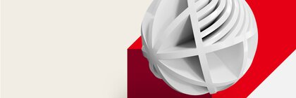 A large banner with a stylised white sphere floating above a red rectangle. The background is also white.