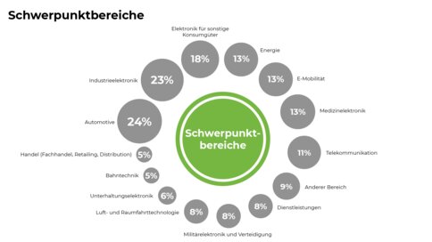 Infografik mit Schwerpunktbereichen und Prozentangaben, darunter Automotive (24 %), Industrieelektronik (23 %) und Elektronik für sonstige Konsumgüter (18 %).