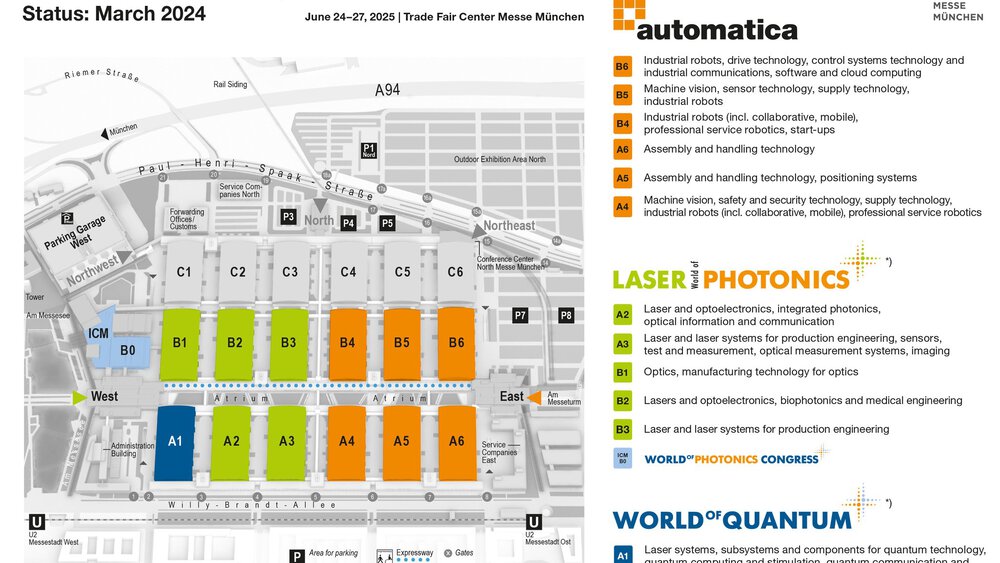 Site plan of Messe München for 2025, with halls and areas for automatica, Laser World of Photonics and World of Quantum.