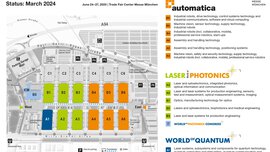 Site plan of Messe München for 2025, with halls and areas for automatica, Laser World of Photonics and World of Quantum.