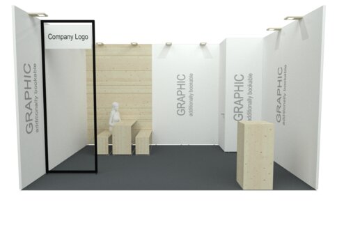 Messestand mit leeren Wänden, Platz für das Firmenlogo, Sitzgelegenheiten und Messetheken in minimalistischem Design. 