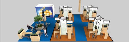 3D-Rendering eines modularen Messestands von Woodi by meplan mit Holzelementen, mehreren abgetrennten Besprechungskojen, Sitzgruppe und integrierten Pflanzen.