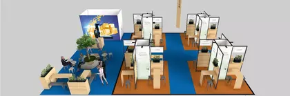 3D rendering of a modular exhibition stand by Woodi by meplan with wooden elements, several separate meeting booths, seating area and integrated plants.