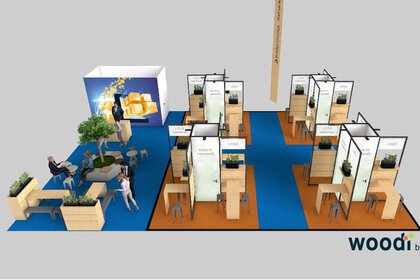 3D-Rendering eines modularen Messestands von Woodi by meplan mit Holzelementen, mehreren abgetrennten Besprechungskojen, Sitzgruppe und integrierten Pflanzen.