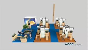 3D rendering of a modular exhibition stand by Woodi by meplan with wooden elements, several separate meeting booths, seating area and integrated plants.