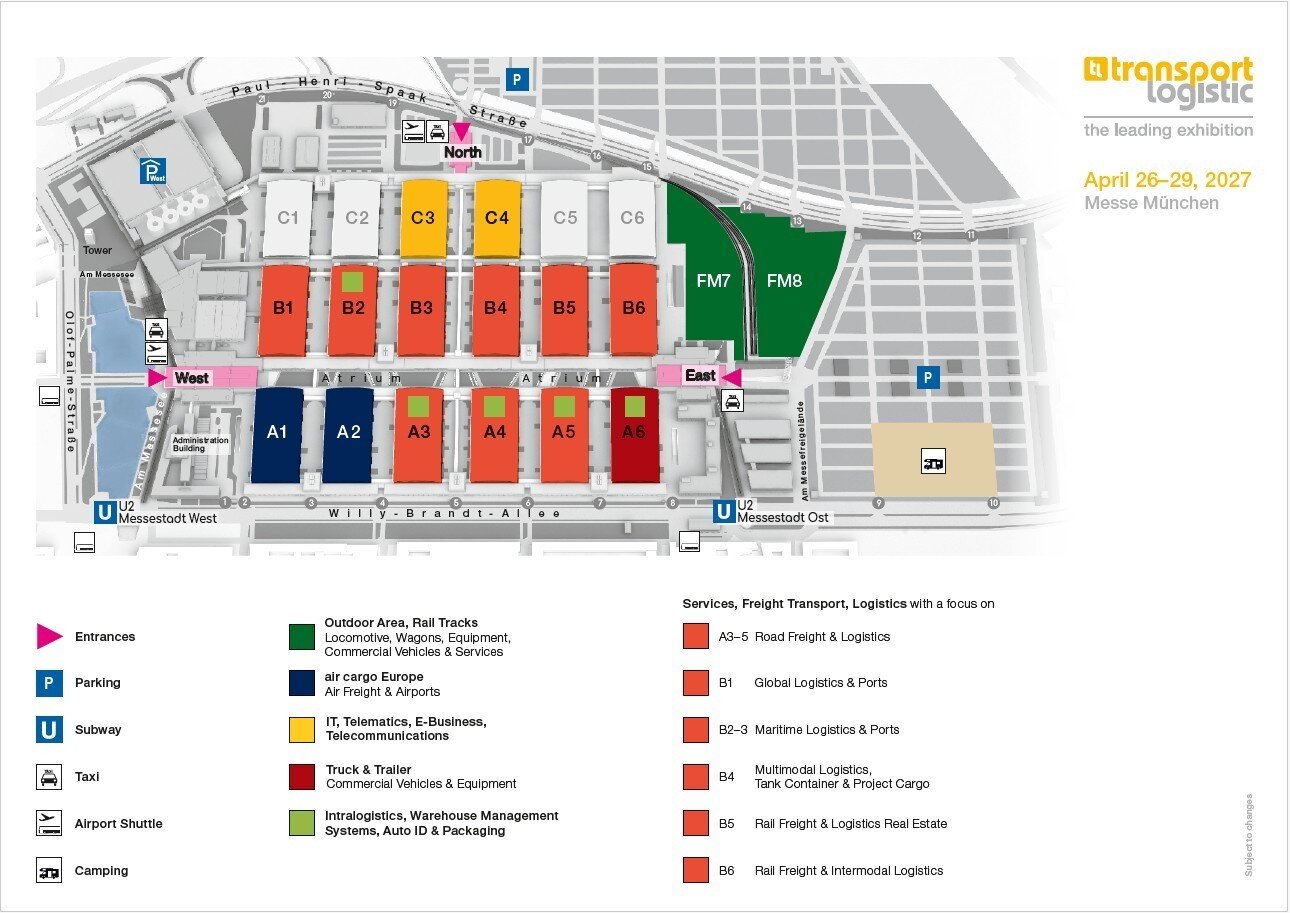 Lageplan der Messe transport logistic 2027 in der Messe München mit farbcodierten Messehallen und Servicebereichen sowie einer dazugehörigen Legende.