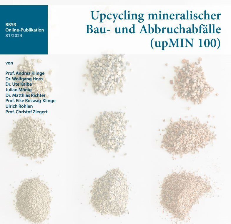 Sechs Proben mineralischer Bau- und Abbruchabfälle auf weißem Hintergrund, darüber der Text in Deutsch.