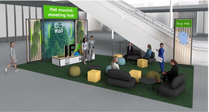 Rendering of the IFAT Munich Meeting Hub with seating possibilities