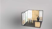 Model of a corner exhibition stand with stools, counter, printed walls and a wooden panel.