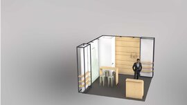 A three-dimensional rendering of an exhibition stand featuring partition walls made from various materials, a consultation desk with chairs, and display areas.