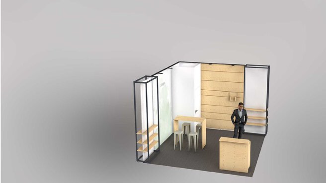 Model of a corner exhibition stand with stools, counter, printed walls and a wooden panel.