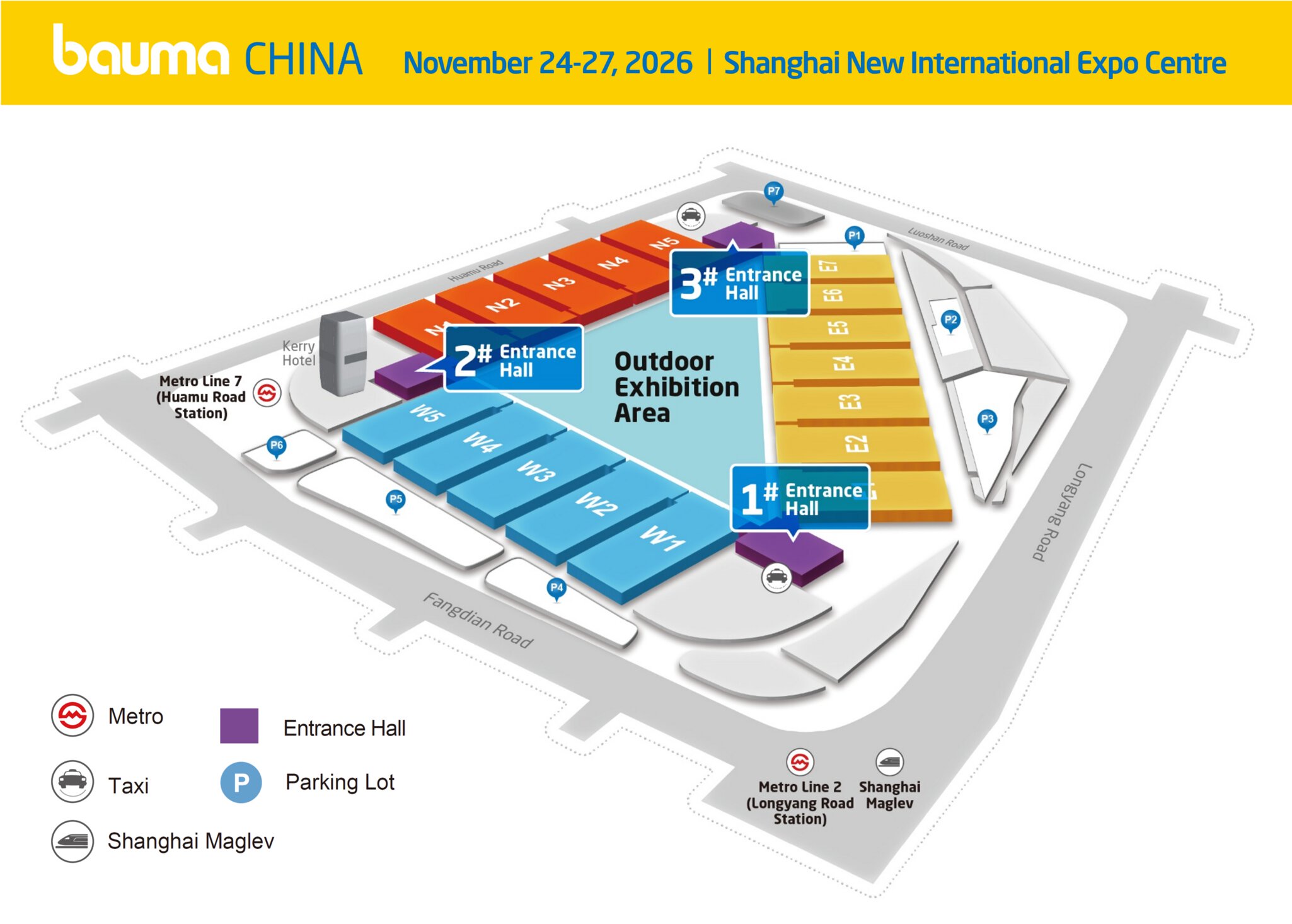 An isometric site plan of bauma CHINA 2026 with colour-coded halls and a legend for public transport access, taxis, parking spaces and entrance halls.
