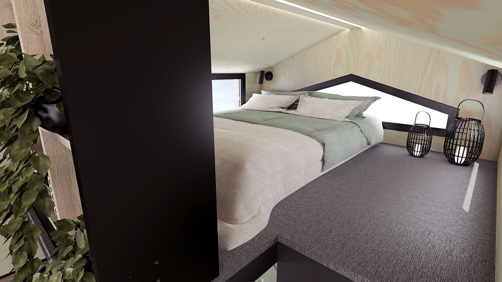 Elegante, kompakte Schlafetage mit Doppelbett in einem Tiny-House.