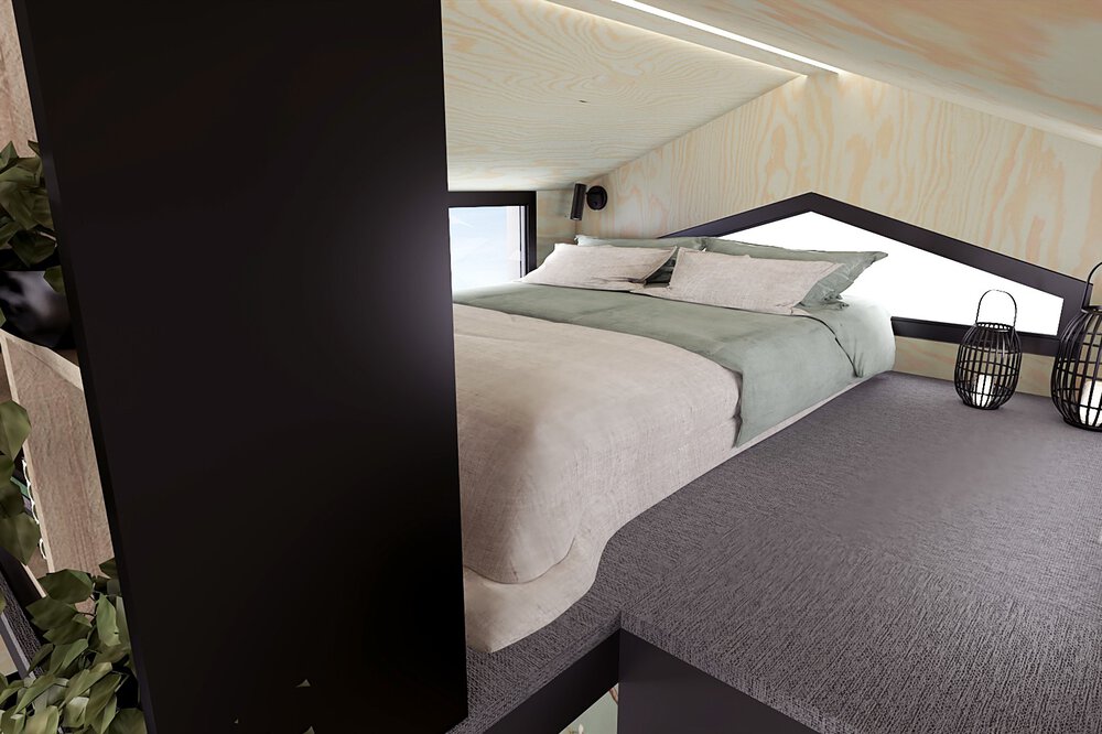 Elegante, kompakte Schlafetage mit Doppelbett in einem Tiny-House.