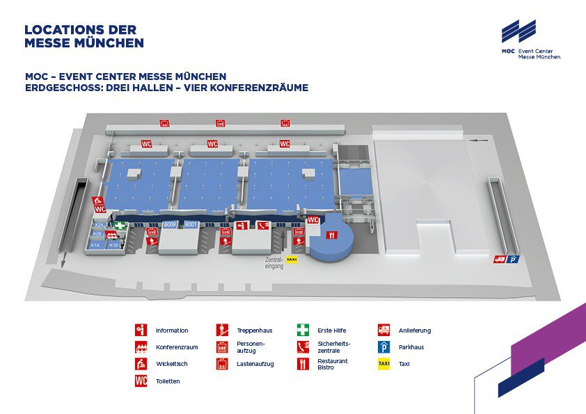 3D-Grundriss des Veranstaltungszentrums der Messe München mit drei Hallen, Konferenzräumen, Ein- und Ausgängen, Aufzügen, Toiletten und Parkplätzen, versehen mit beschrifteten Symbolen