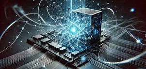 Visualization of a quantum computer with glowing atomic tracks, data lines and digital network - symbol for quantum communication.