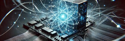 Visualisierung eines Quantencomputers mit leuchtenden Atombahnen, Datenleitungen und digitalem Netzwerk – Symbol für Quantenkommunikation.