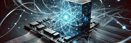 Visualisierung eines Quantencomputers mit leuchtenden Atombahnen, Datenleitungen und digitalem Netzwerk – Symbol für Quantenkommunikation.