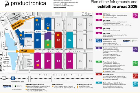 An overview map showing the entrances to productronica 2025 and the locations of the individual theme areas in the exhibition halls.