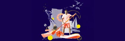 Eine lila Bannergrafik mit einer Bildercollage in der Mitte, mehreren Personen beim Wassersport, ein Segelboot, ein Rettungsring und Möwen.