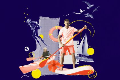 A purple banner graphic with a collage of images in the centre, showing several people enjoying water sports, a sailing boat, a lifebuoy and seagulls.